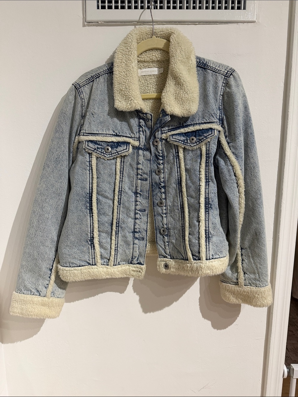 Jonathan Simkhai Light Wash Denim Jacket with Cream Sherpa Trim, M